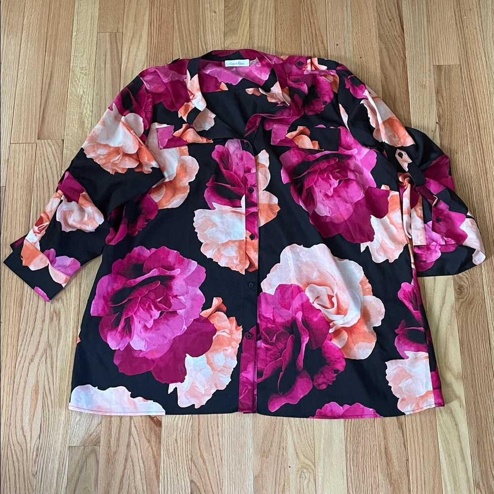 Calvin Klein Floral Blouse XXL Black Pink Button Front Top Elegant Office Work